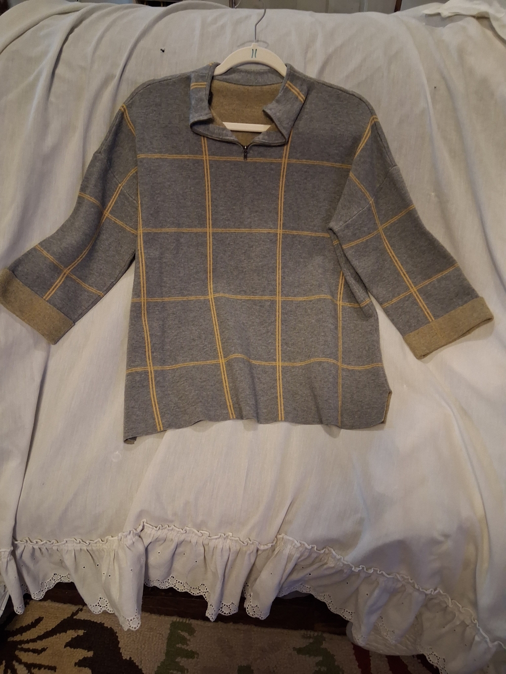 Tahari Gray Windowpane Half-Zip Sweater with Yellow Accents